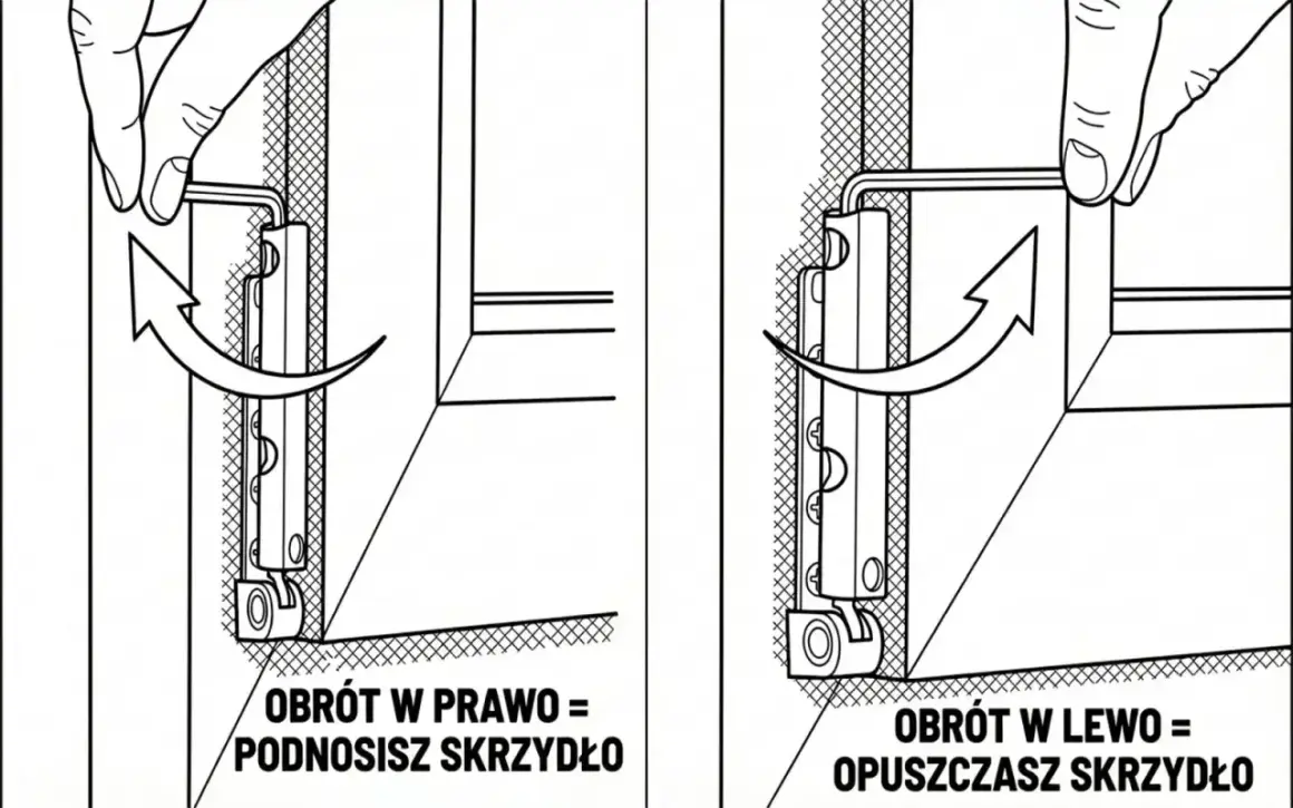 Regulacja okien na zimę: obrót klucza w prawo podnosi skrzydło, w lewo opuszcza.