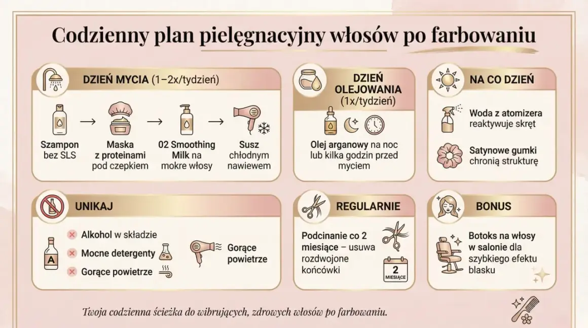 Plan pielęgnacji włosów po farbowaniu: unikaj alkoholu, mocnych detergentów i gorącego powietrza, by ratować ekstremalnie zniszczone włosy.