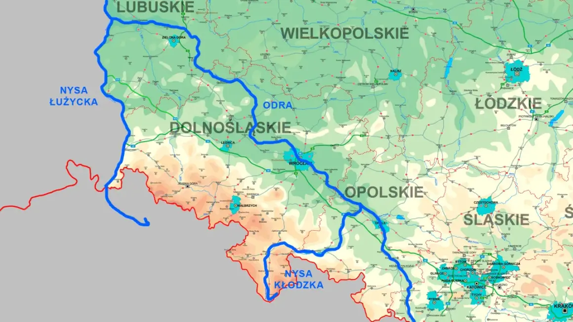 Graniczne rzeki Polski: Nysa Łużycka i Odra wyznaczają zachodnią granicę, a Nysa Kłodzka płynie na południu.