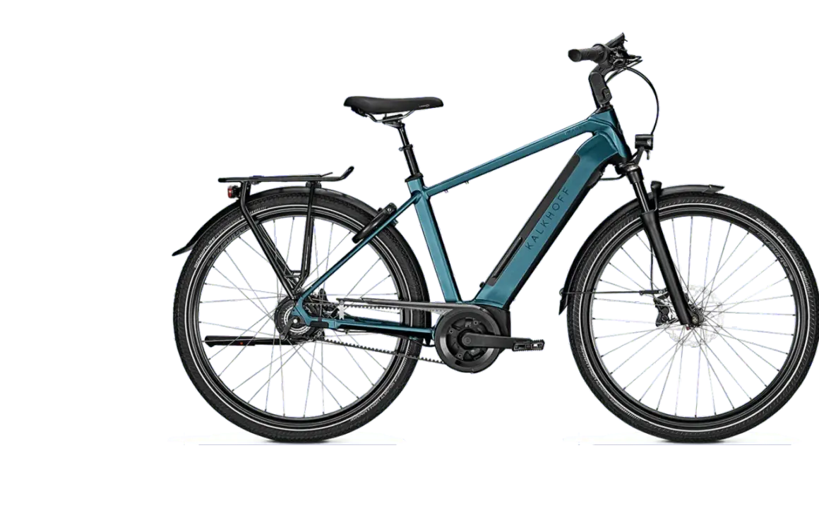 Blauwe Kalkhoff e-bike, ideaal om een tourfiets te kopen voor comfortabele ritten.
