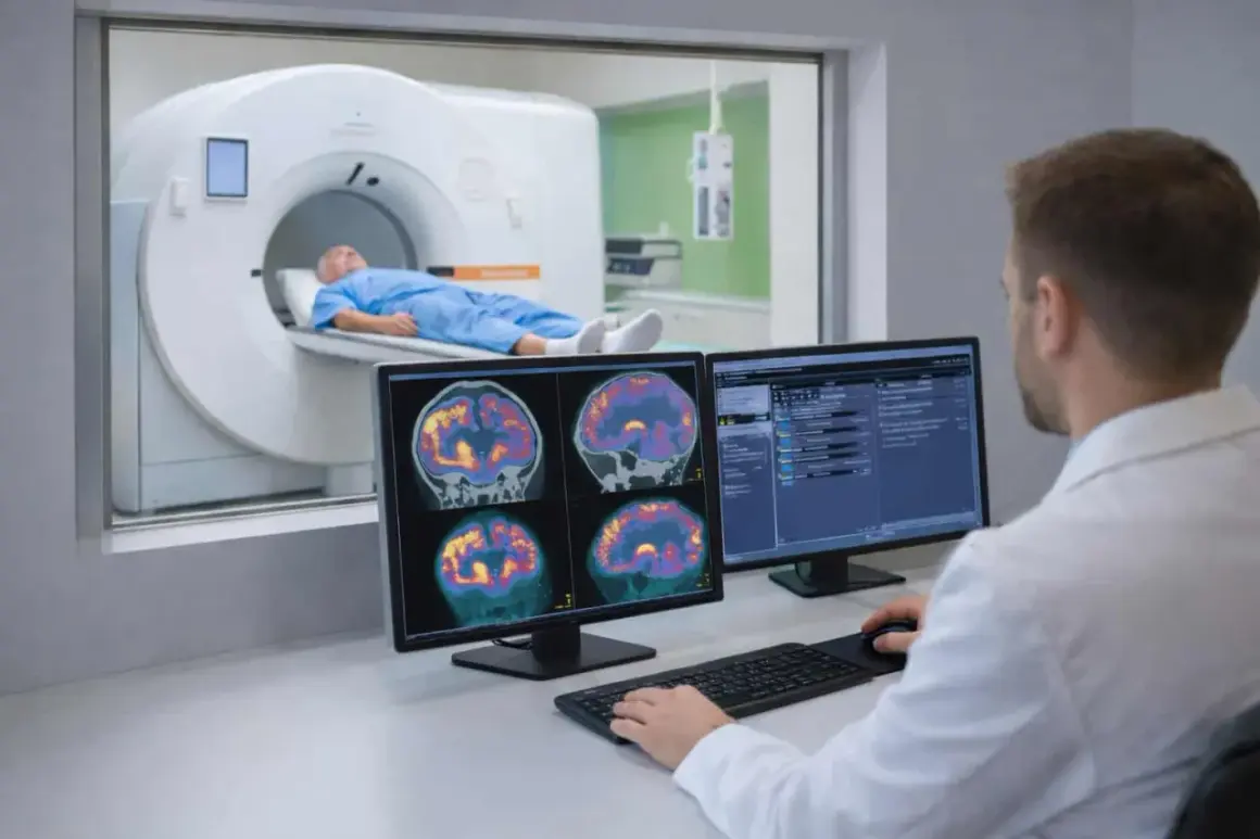 Arzt wertet PET-Untersuchung des Gehirns aus. Patient liegt in einem Scanner.