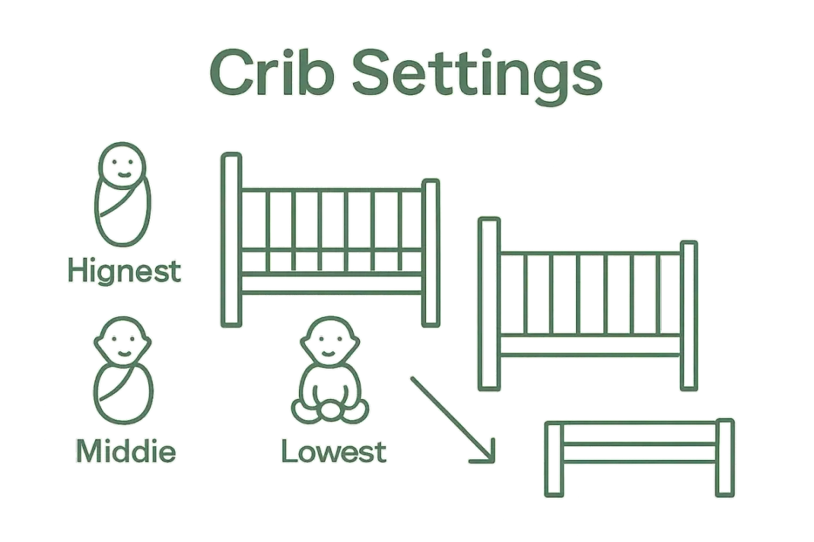 Illustration showing crib settings: highest, middle, and lowest mattress positions. It visually explains how tall are cribs at different levels.
