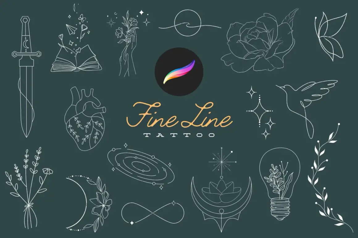 Feine Linien-Tattoos: Schwert, Herz, Rose, Schmetterling, Buch, Mond, Glühbirne & mehr. Ein Hauch von Magie für deine Haut.
