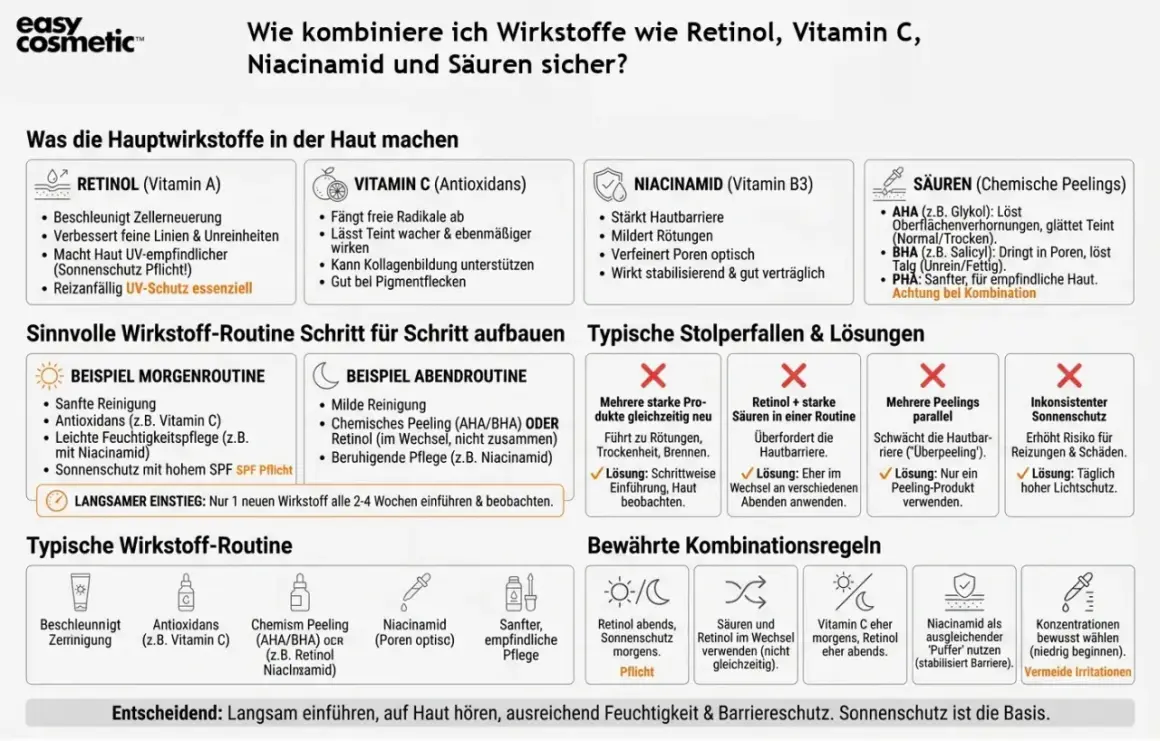 Retinol-Kosmetik: Ein Leitfaden für die Hautpflege. Erklärt, wie man Retinol, Vitamin C, Niacinamid und Säuren kombiniert.