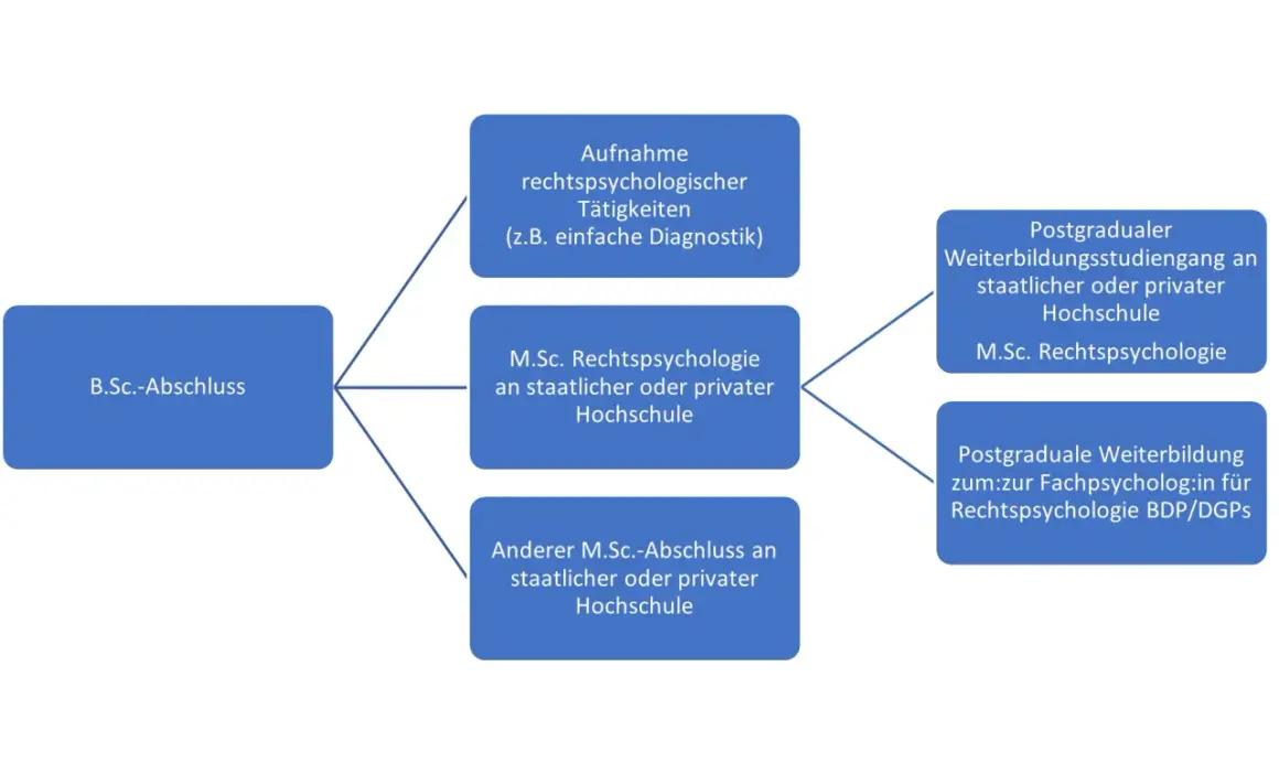 Flussdiagramm zeigt Wege zum forensische psychologie master: B.Sc. Abschluss führt zu rechtspsychologischer Tätigkeit oder M.Sc. Rechtspsychologie.