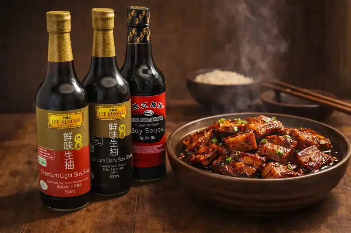 Tre flaskor Lee Kum Kee, inklusive Premium Light Soy Sauce och Superior Dark Soy Sauce, bredvid en skål med ångande, glaserat kött. Denna soya ger en djup smak.