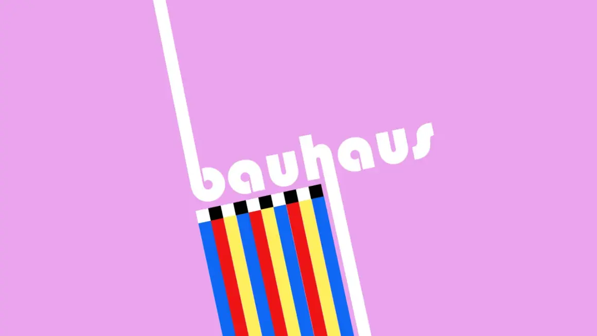 A minimalist bauhaus graphic design featuring the word "bauhaus" in white text on a pink background, with colorful vertical stripes below.