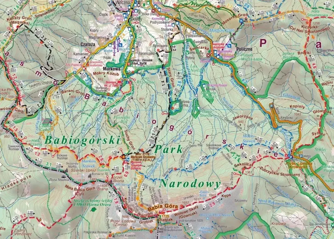 Szlak turystyczny przez Beskid Żywiecki, z zaznaczonymi szczytami Babiej Góry i okolicznymi dolinami.