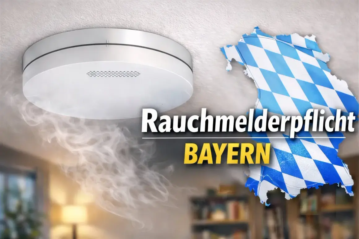 Rauchmelderpflicht in Bayern: Ein weißer Rauchmelder an der Decke, Rauch steigt auf. Die Bayernkarte mit weiß-blauen Rauten symbolisiert die Rauchmelderpflicht im eigenen Haus.