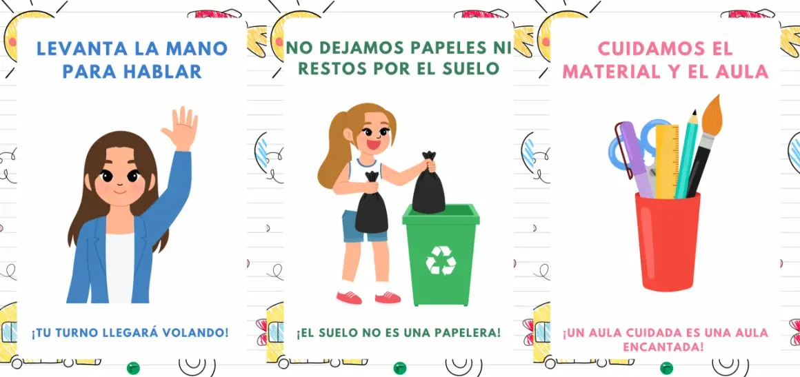 Normas de clase para imprimir: levanta la mano, no tires basura al suelo y cuida el material.