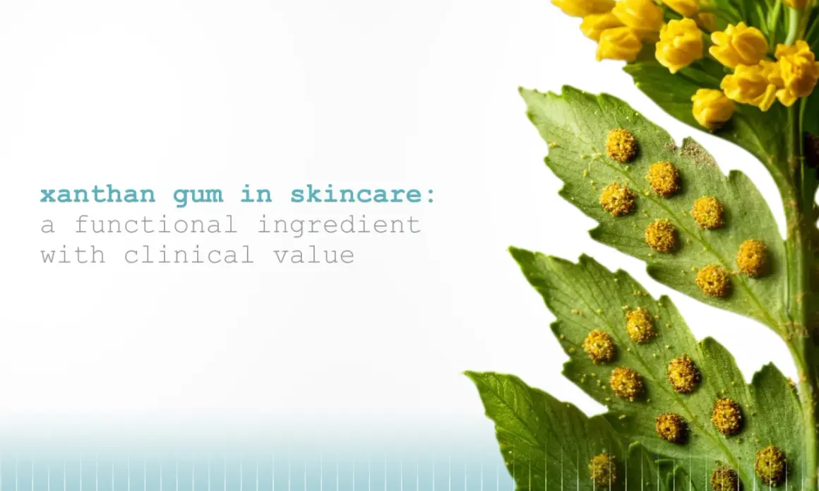 Xanthan Gum in Kosmetik: Ein funktioneller Inhaltsstoff mit klinischem Wert, dargestellt durch eine grüne Pflanze mit gelben Blüten und Sporen.