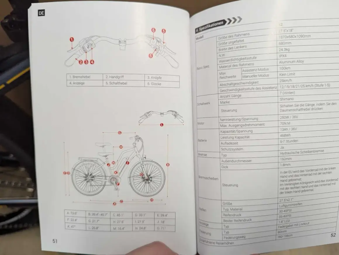 Technische Daten eines Fahrrads, inklusive Details zur Garantie.