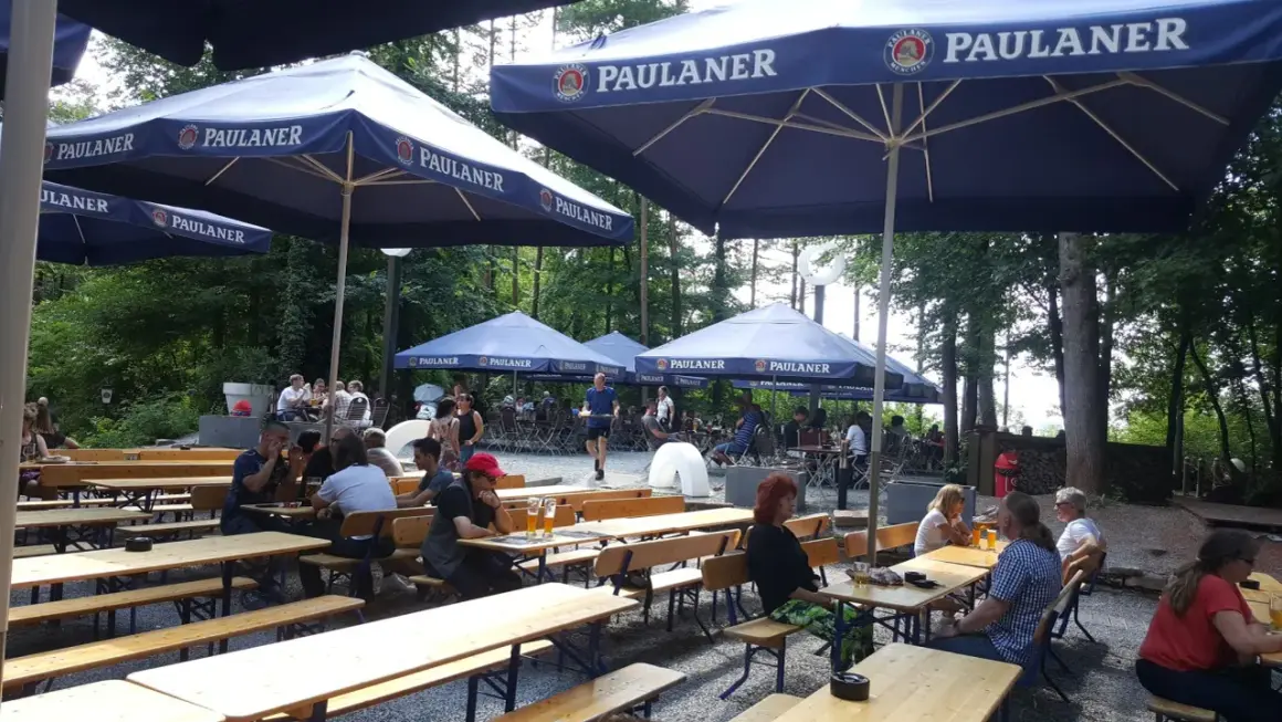 Ein sonniger Tag im Paulaner Biergarten. Gäste sitzen an Holztischen unter großen Sonnenschirmen und genießen die Atmosphäre.