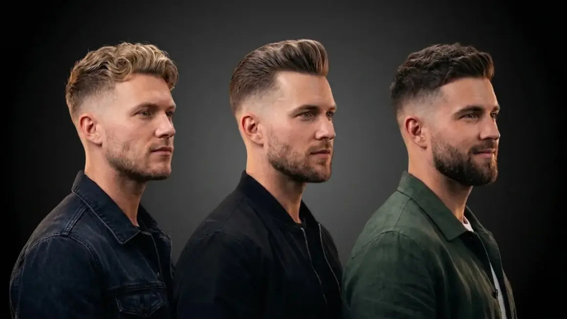 Trois hommes présentent des coupes de cheveux modernes avec un court barbe homme dégradé, allant du blond ondulé au brun texturé.