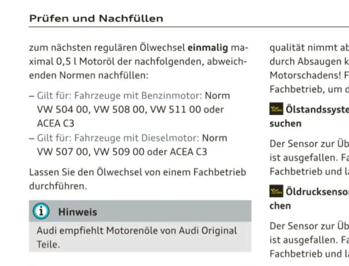 Textauszug mit Informationen zu Motoröl-Normen und Viskositäten für Audi A3.
