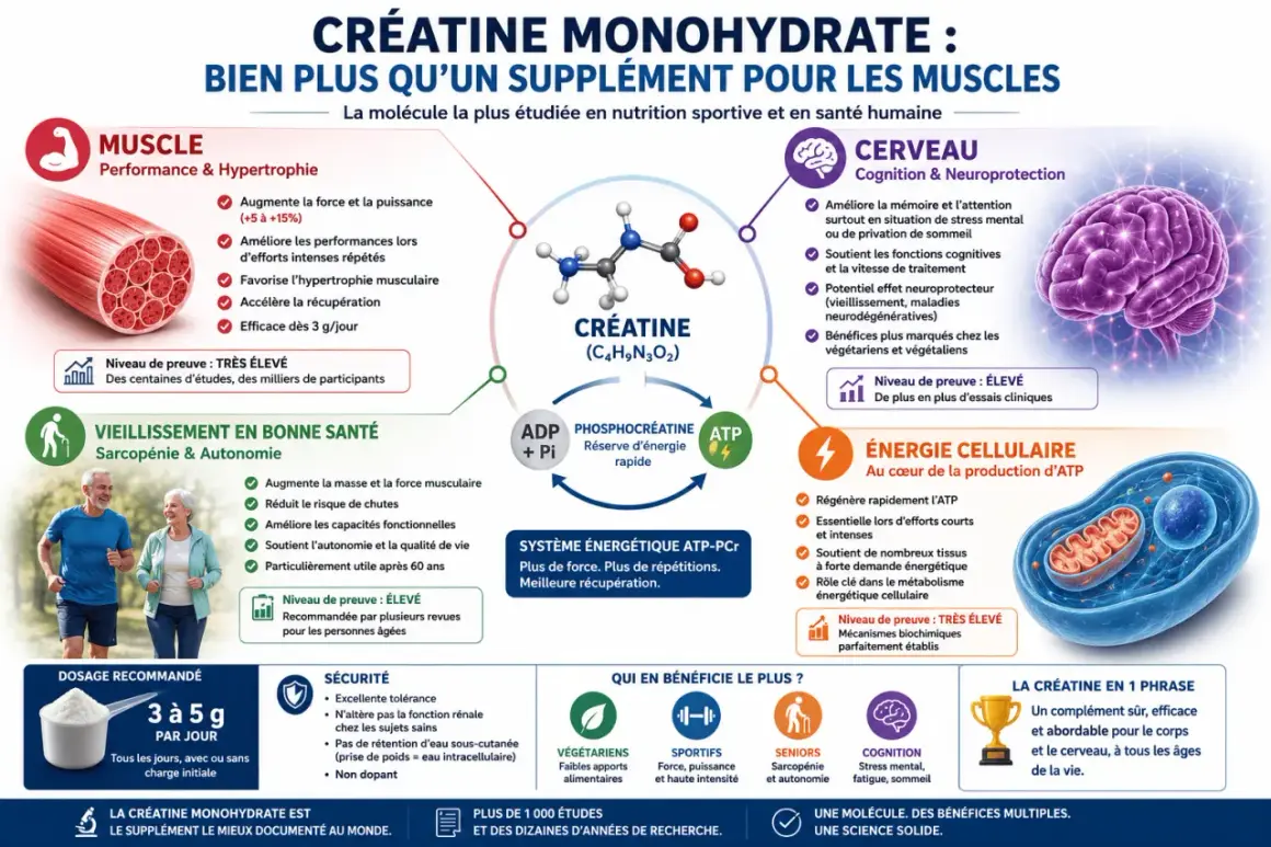 La créatine monohydrate soutient la force musculaire, la cognition et l'énergie cellulaire, avec des preuves solides.