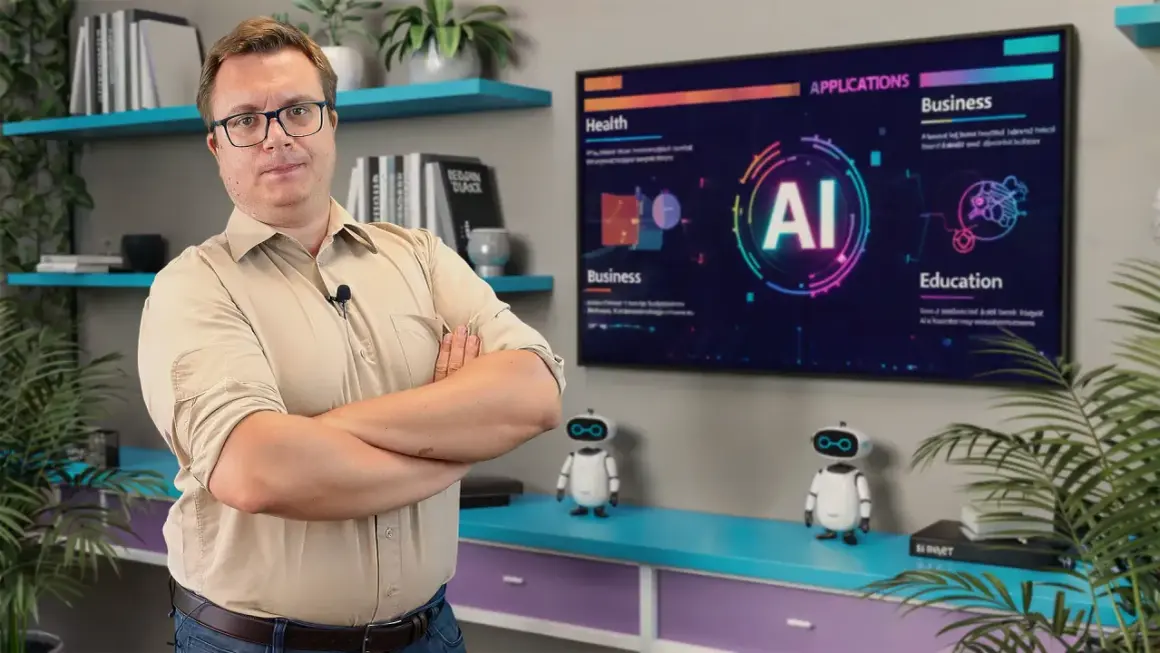 Mężczyzna w okularach prezentuje, jak zarabiać na sztucznej inteligencji, pokazując jej zastosowania w biznesie i edukacji na ekranie.