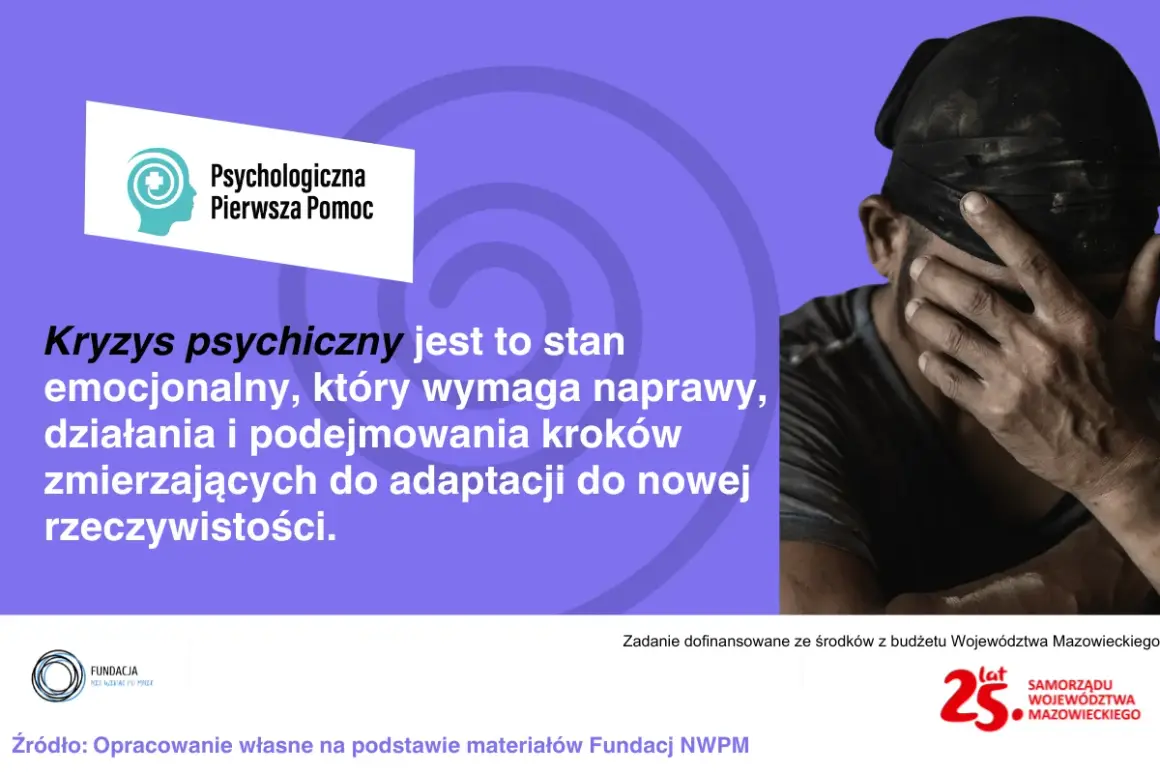 Mężczyzna z zasłoniętymi oczami symbolizuje kryzys psychiczny. Tekst podkreśla znaczenie wsparcia i działań na rzecz zdrowia psychicznego.