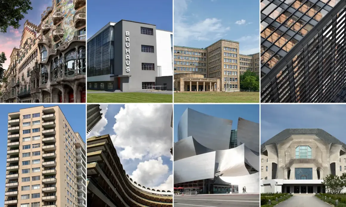 Un collage de edificios icónicos que muestran la diversidad de la arquitectura siglo xx, desde el modernismo hasta el posmodernismo.