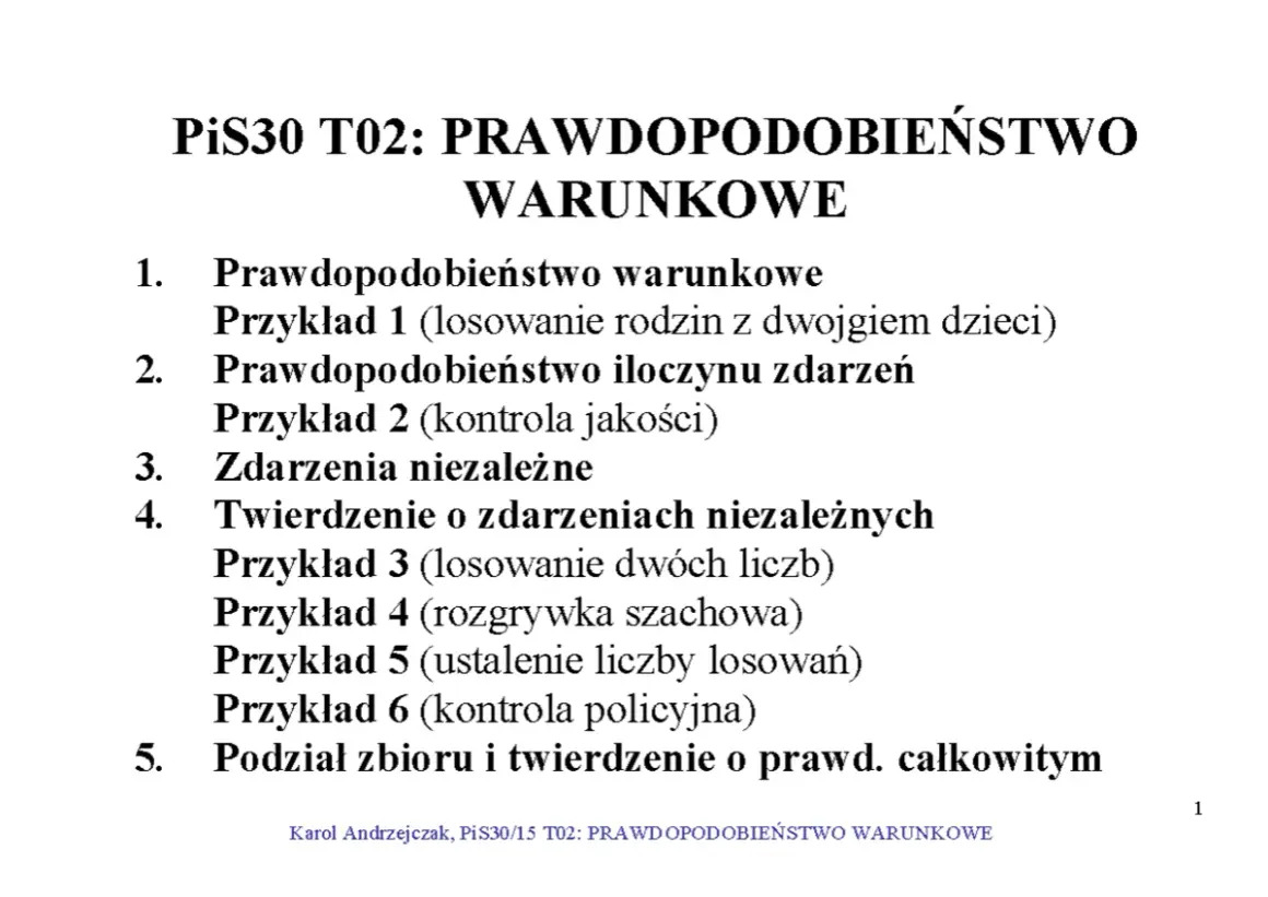 Slajd z wykładu o prawdopodobieństwie warunkowym, zawierający spis treści z przykładami, np. losowanie rodzin z dziećmi.