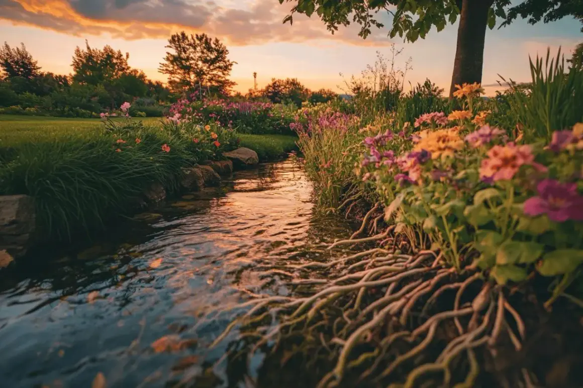 Un ruisseau paisible aux reflets orangés, bordé de fleurs et de racines. Une scène naturelle qui suggère comment oxygéner l'eau sans pompe.