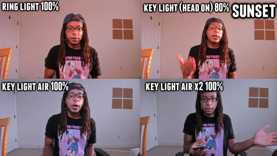 Four shots compare ring light vs panel light setups. A man with dreadlocks and glasses is shown in each, with different lighting conditions and percentages displayed.