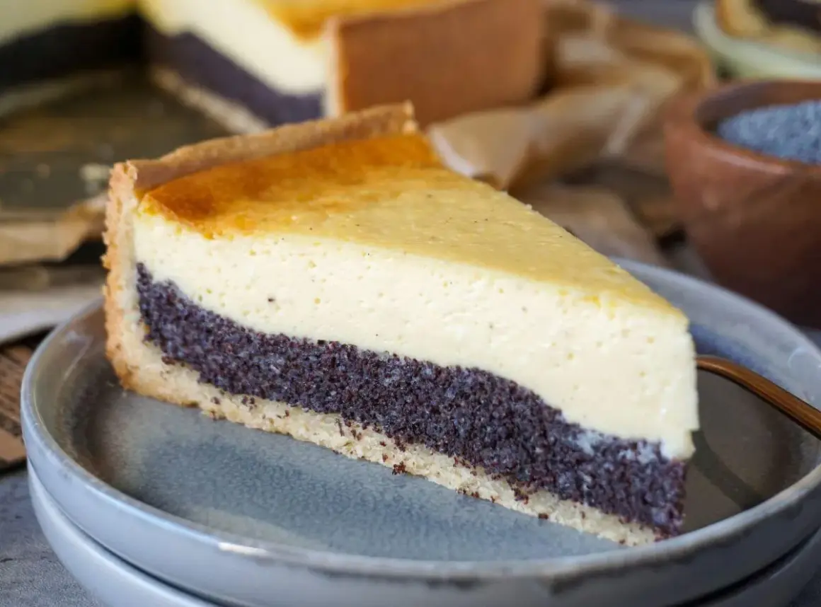 Ein Stück schneller Quark Mohn Kuchen ohne Boden auf einem Teller. Die Mohnschicht ist dunkel und die Quarkschicht hellgelb.