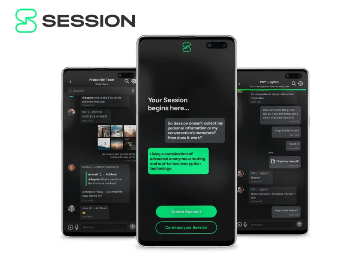 Trzy telefony prezentujące aplikację komunikator Session. Widoczne ekrany czatów i ekran powitalny z informacją o prywatności.