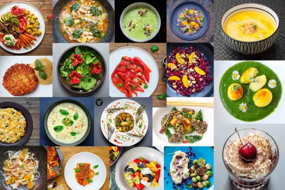 Vielfalt an vegetarischen Gerichten: bunte Salate, Suppen, Aufläufe und Desserts.