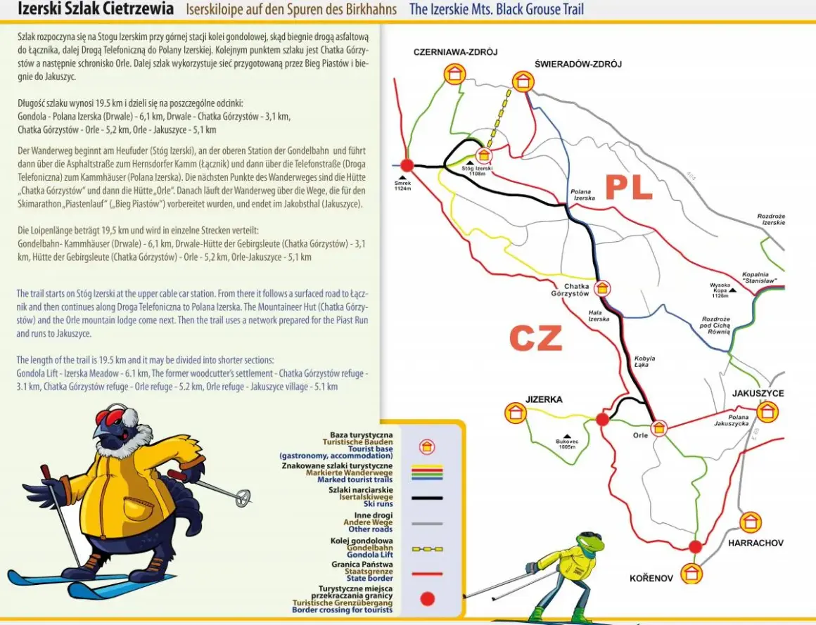Mapa szlaku Cietrzewia w Górach Izerskich. Trasa prowadzi przez polanę Izerską, schroniska i punkty widokowe.