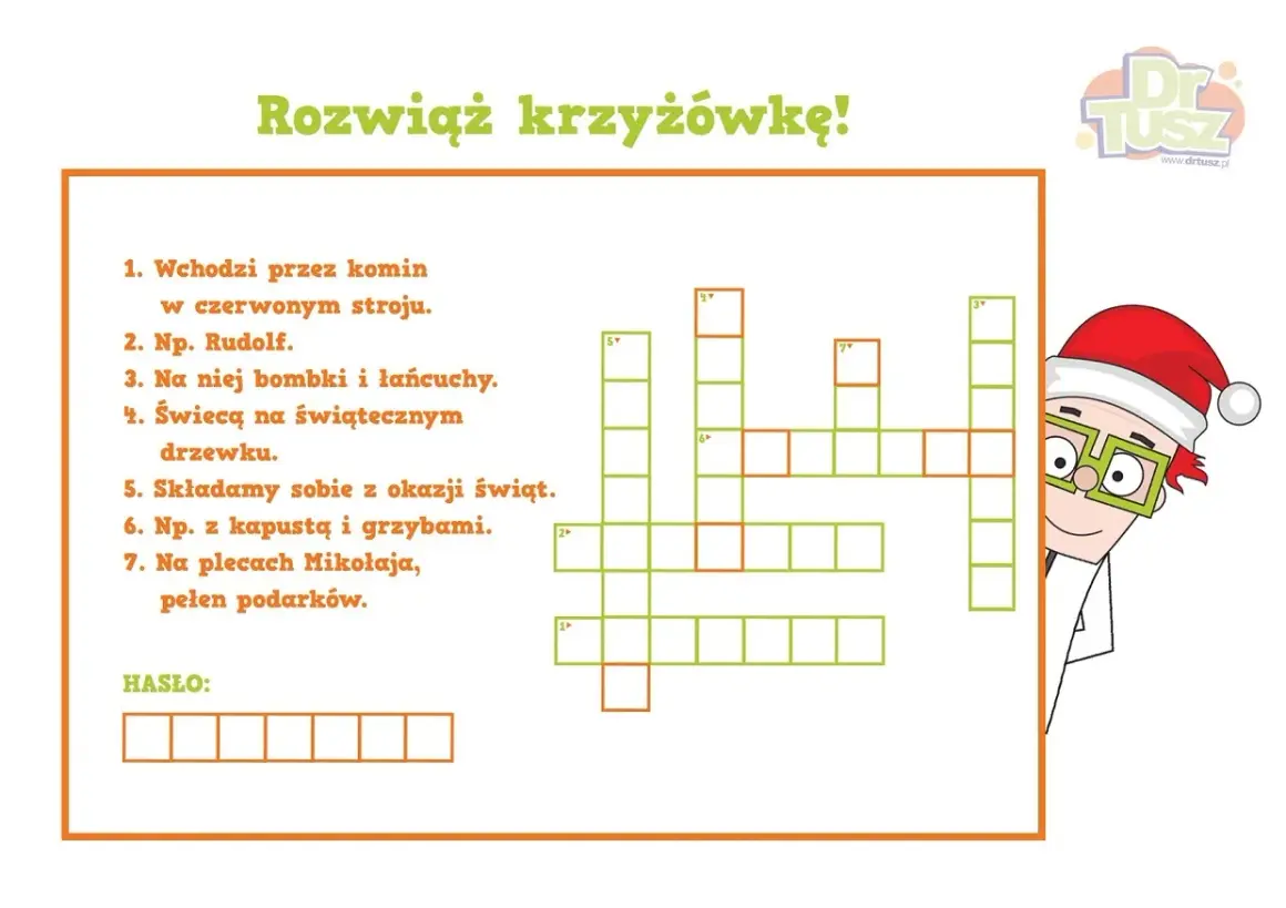 Rozwiąż świąteczne krzyżówki! Wesoła zabawa z Mikołajem i podpowiedziami do hasła.