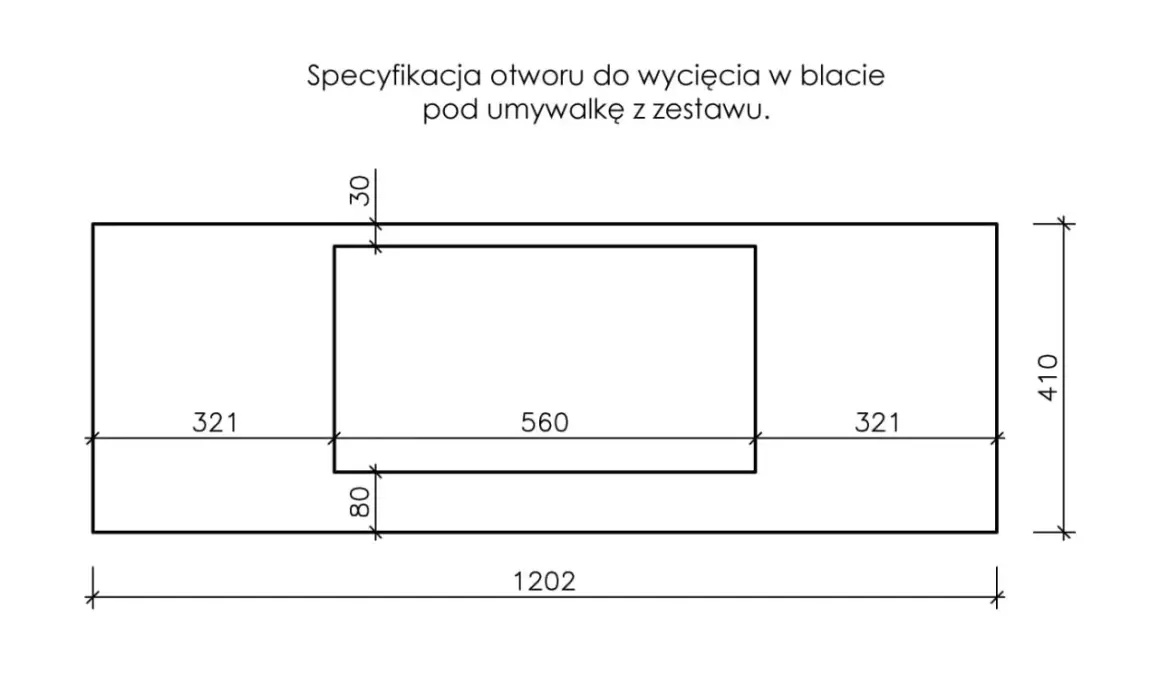 Schemat otworu pod umywalkę nablatową. Wymiary blatu: 1202x410 mm, otwór 560x321 mm.