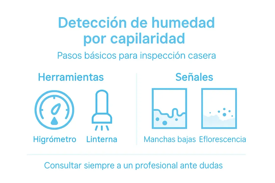 Detección de humedad por capilaridad: herramientas (higrómetro, linterna) y señales (manchas bajas, eflorescencia).