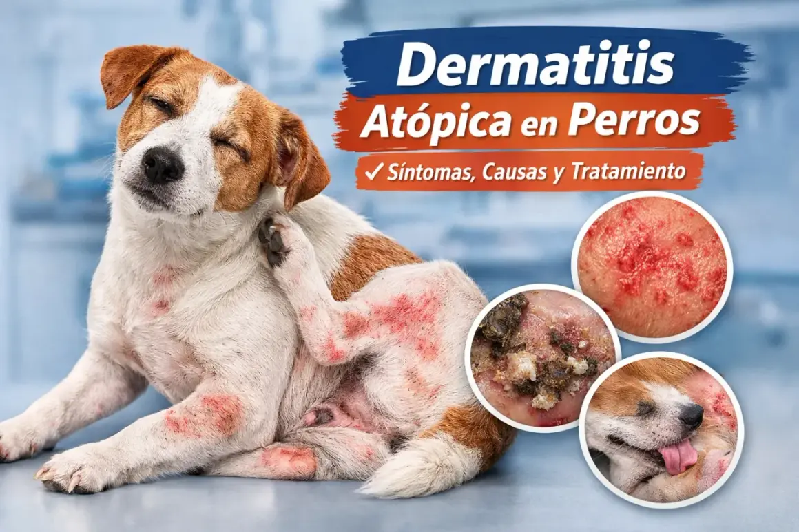 Perro con piel atopica, rascándose intensamente. Muestra inflamación y enrojecimiento. Se aprecian detalles de la dermatitis en círculos.