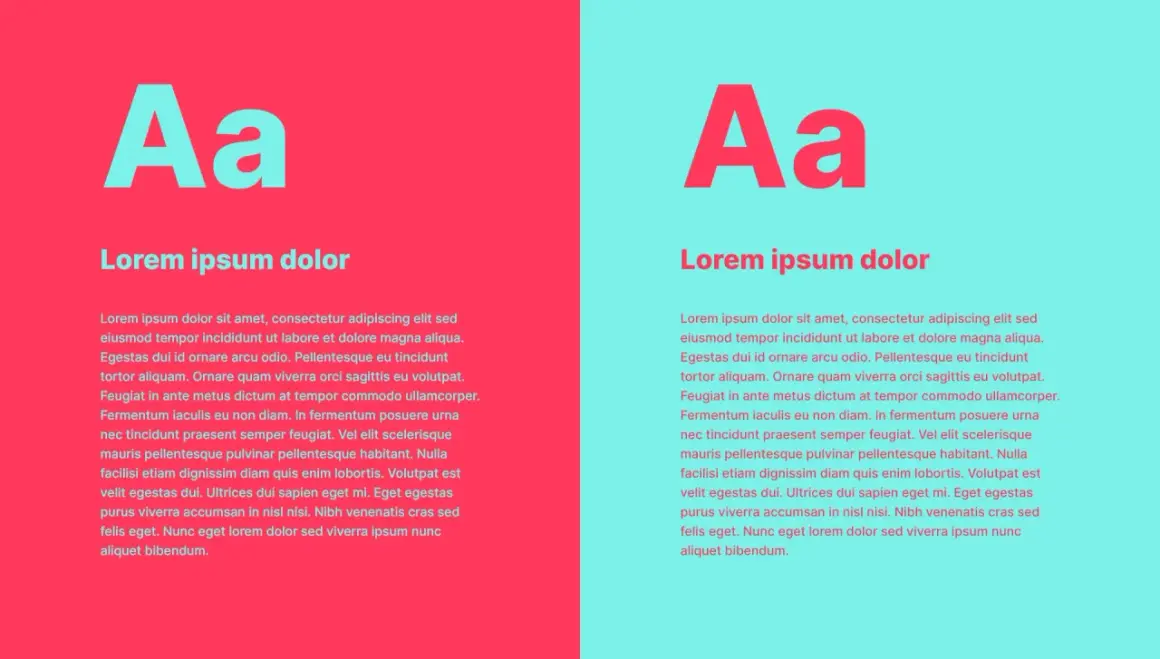 Letras para cartel con tipografía "Aa" y texto "Lorem ipsum dolor" sobre fondos rosa y turquesa.