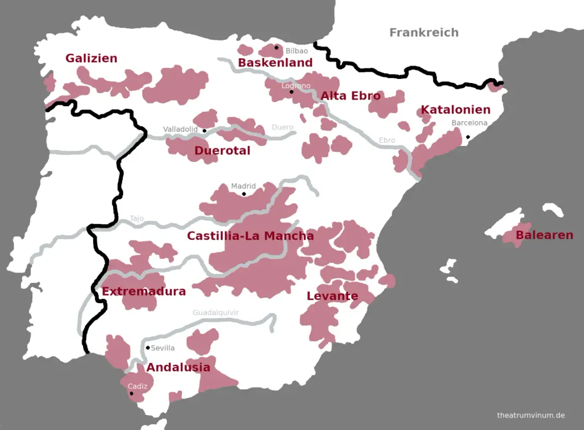 Karte Spaniens mit Anbaugebieten für spanische Rotweinsorten in Regionen wie Rioja, Ribera del Duero und Katalonien.