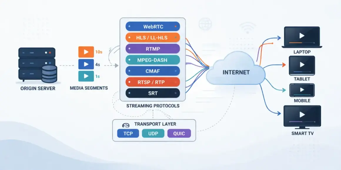 Diagram shows an origin server sending media segments via various streaming protocols like RTSP/RTP, then the internet to devices like laptops and smart TVs.