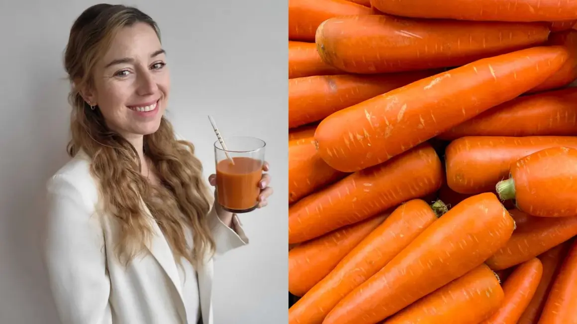 Frau mit Karottensaft und ein Haufen Karotten. Sie genießt jeden Tag eine Karotte für ihre Gesundheit.