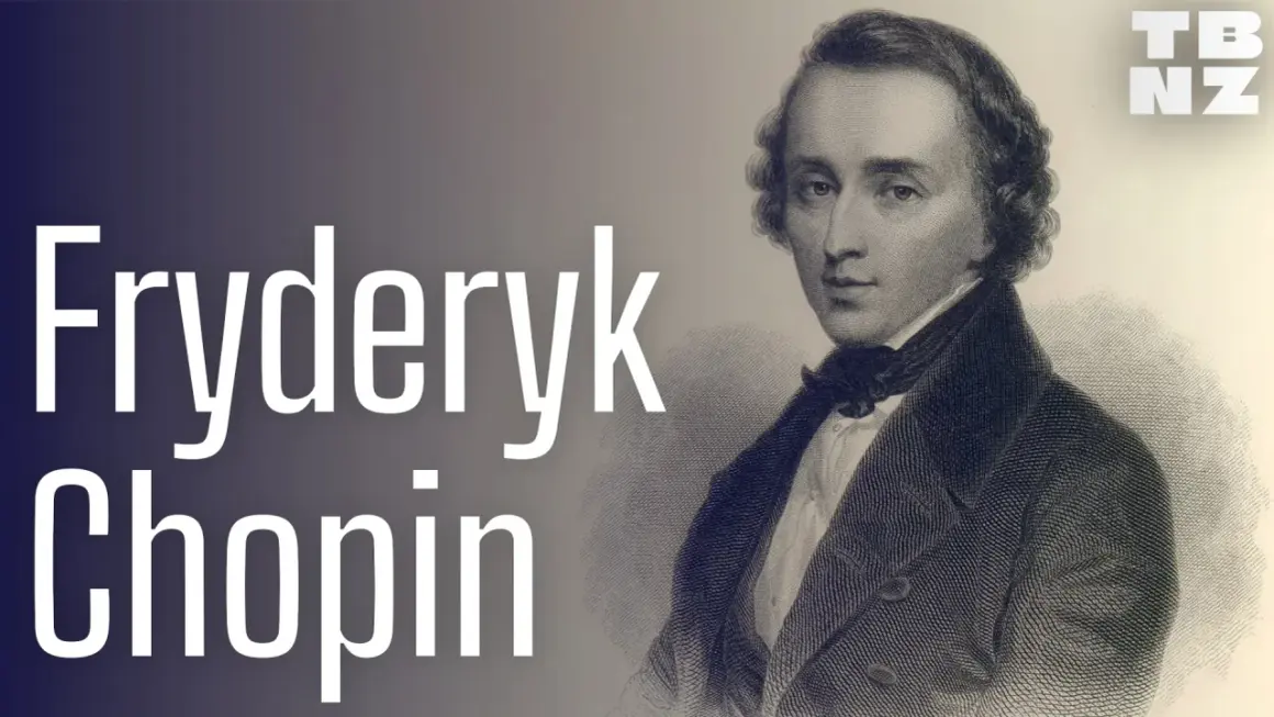 Portret Fryderyka Chopina, z napisem "Fryderyk Chopin". Obraz przedstawia kluczowe momenty z jego życia.