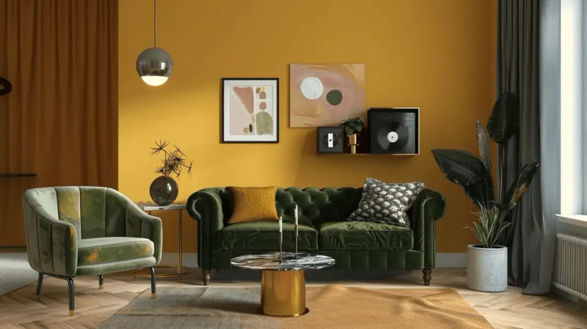 Ein Wohnzimmer mit senfgelben Wänden. Ein grünes Samtsofa und ein Sessel. Welcher Farbe passt zu Gold? Der goldene Couchtisch und Akzente im Bild zeigen, dass Grün und Gelb gut harmonieren.