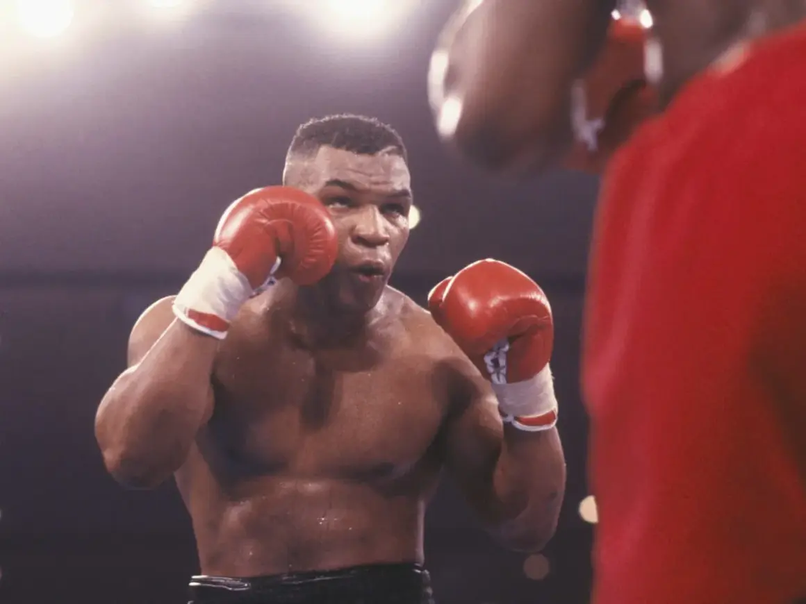 Mike Tyson in his iconic boxing stance, ready to fight. His red gloves are raised, a testament to his legendary career in tysons boxing.