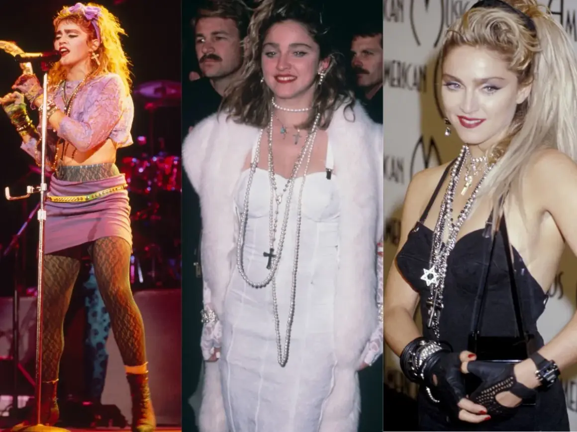 Madonna w stylizacjach impreza w stylu disco: fioletowa spódniczka, koronkowy top, biała futrzana kamizelka i czarna sukienka z mnóstwem naszyjników.