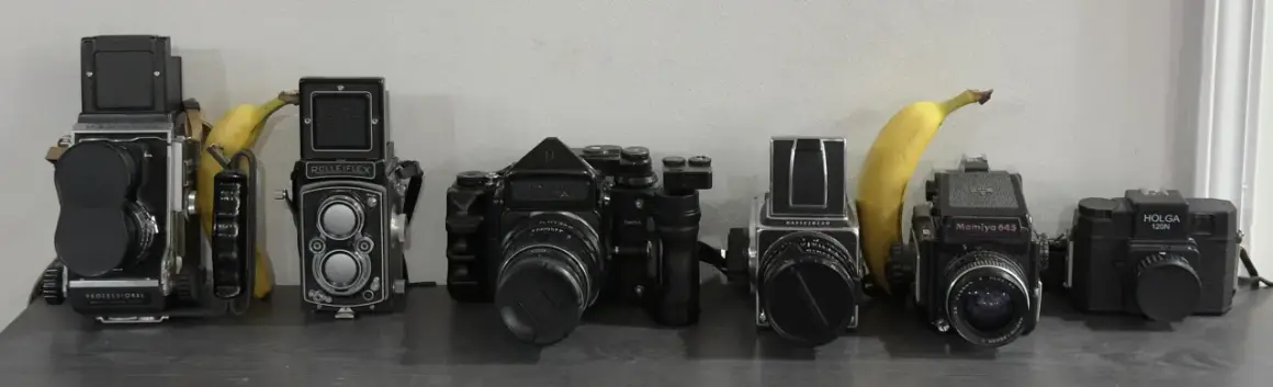 A lineup of vintage cameras, including a Mamiya C2, Rolleiflex, Hasselblad, Mamiya 645, and Holga, with bananas for scale.