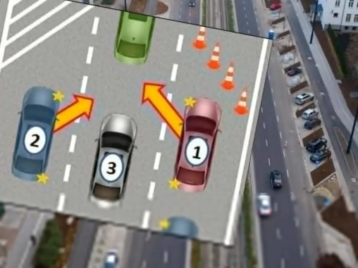 Ilustracja pokazuje manewr zmiany pasa ruchu. Samochody z numerami 1, 2 i 3 wykonują sekwencję ruchów, by bezpiecznie zmienić pas.
