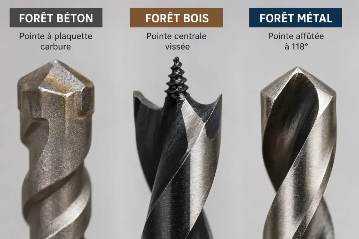 Trois forets : béton (pointe carbure), bois (pointe centrale vissée) et métal (pointe affûtée). Idéal pour votre mode percussion perceuse.
