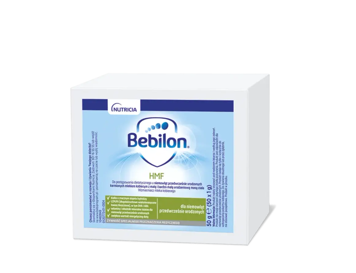 Bebilon HMF, wzmacniacz mleka kobiecego dla niemowląt. Produkt w proszku.