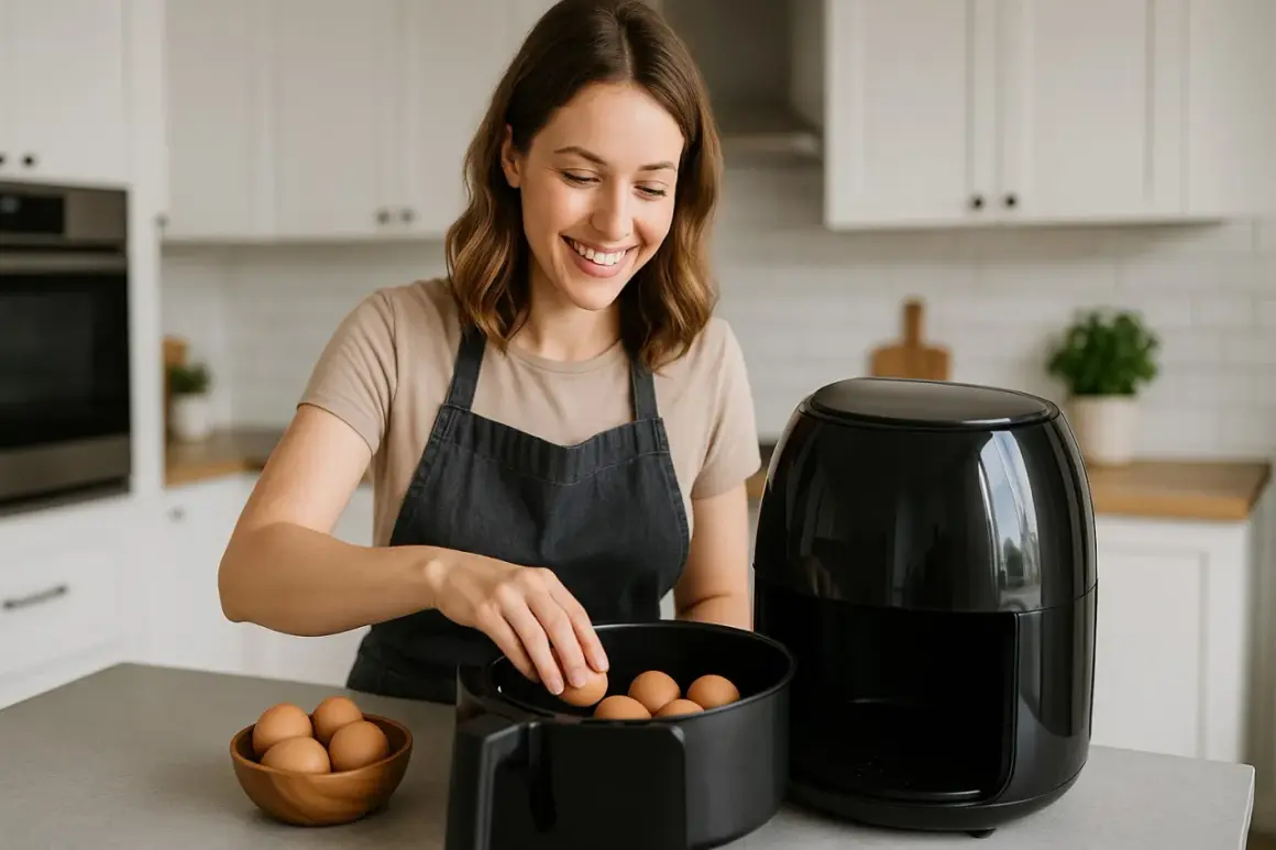 Uśmiechnięta kobieta wkłada jajka do frytkownicy beztłuszczowej. Szybkie i zdrowe jajka z airfryer to jej sekret na pyszne śniadanie.