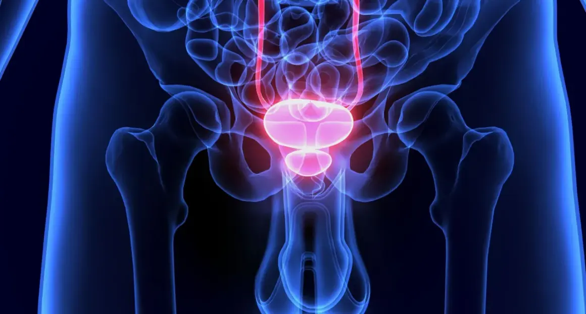 Anatomische Darstellung des Beckens mit Harnblase und Harnleitern, relevant für die S3-Leitlinie Harnblasenkarzinom.