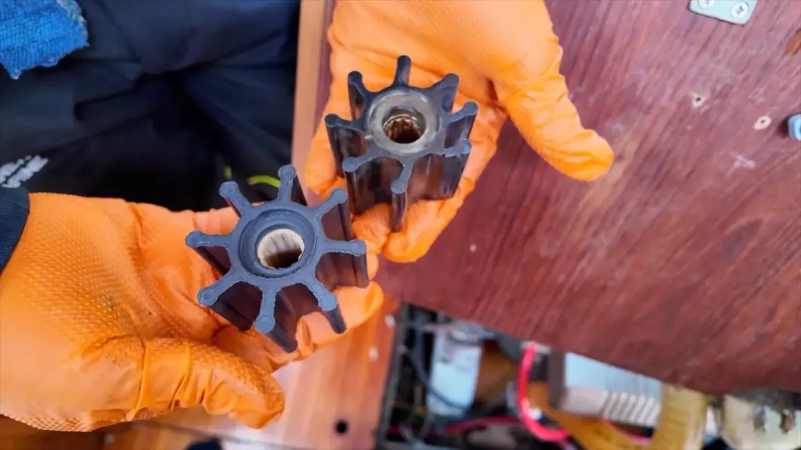 Mani con guanti arancioni mostrano giranti di una pompa, simili a quelle usate per capire come funziona un motore diesel.
