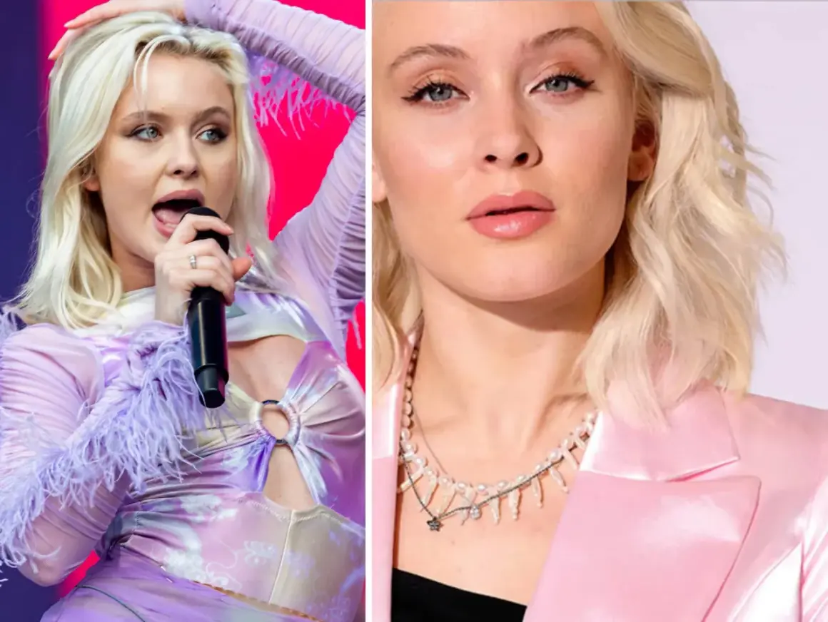 Zara Larsson, svensk popstjärna, med mikrofon och i rosa kavaj. Hennes zara larsson net worth är imponerande.
